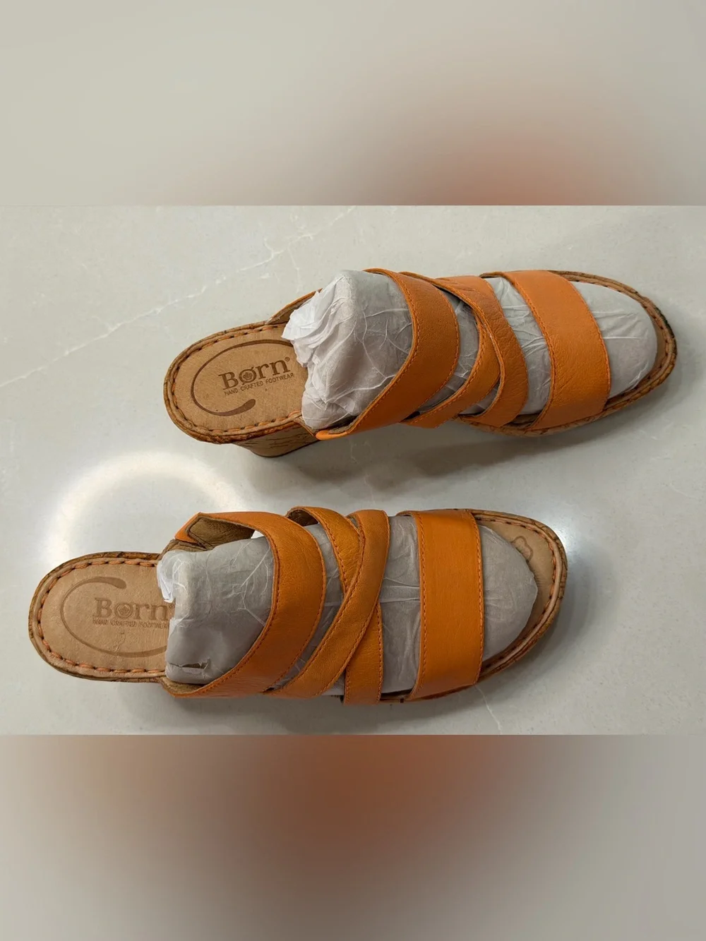 Born Zemora Orange Leather Strappy Cork Wedge Sandals 8M Boho Slide